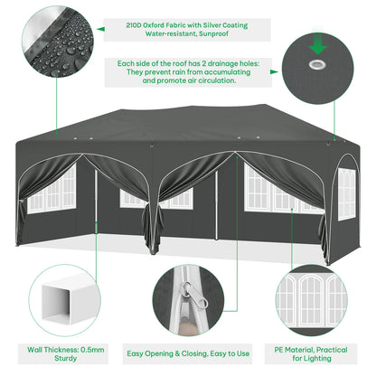 Paviljoen - Tuinpaviljoen - Partytent - Tuintent - Pop-up Kliksysteem - Stabiel - Vouwtent - Opvouwbaar - Weerbestendig - met 6 Zijwanden - 50+UV-Bescherming - voor Tuin - Buiten - Achtertuin - 210D Oxford - 3 x 6 m - Grijs - QUORE