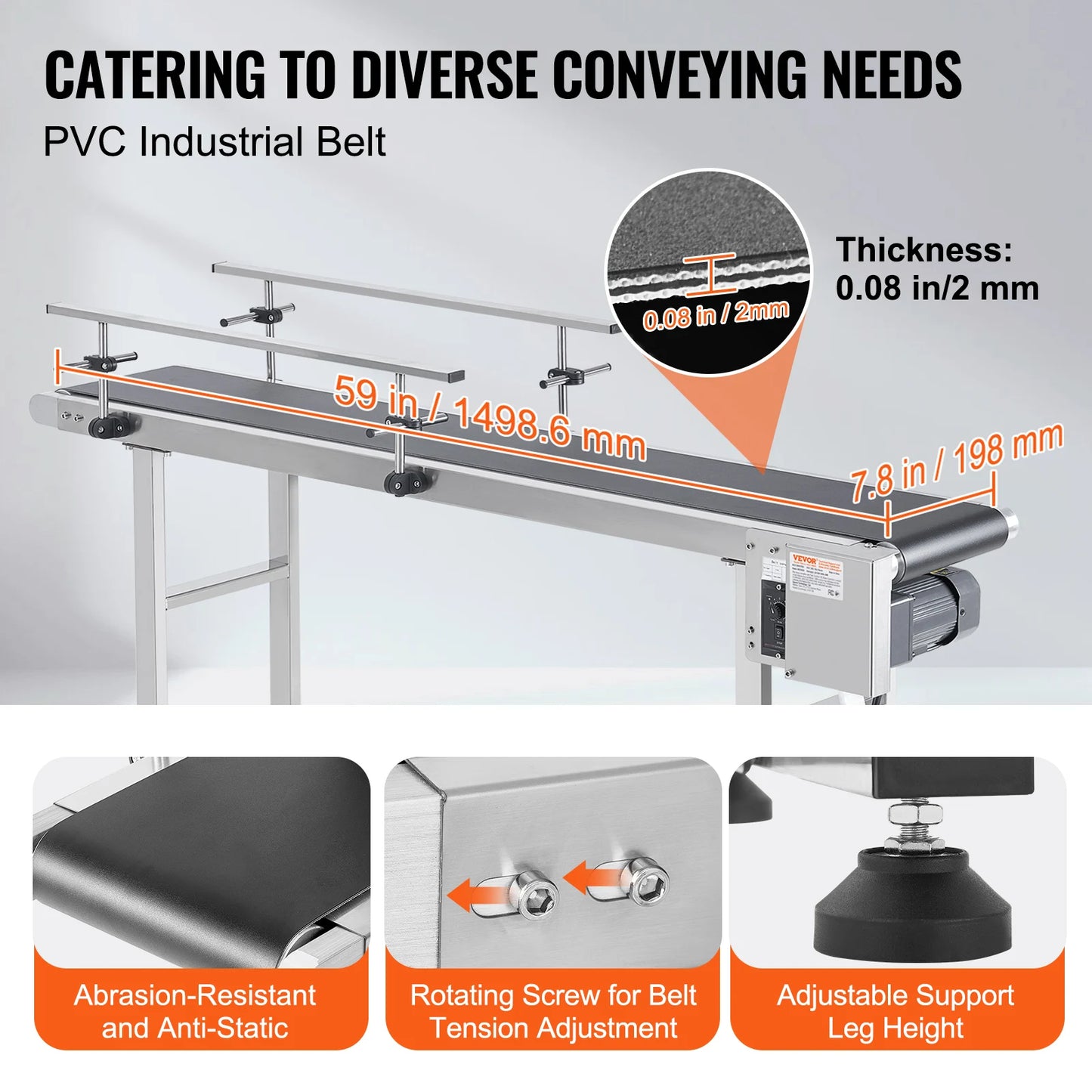 PVC Bandtransporteur – Transportband – Conveyor – Productband – Industriële Transportband – Roestvrij Stalen Frame – Instelbare Snelheid - 59 x 7.8 inch
