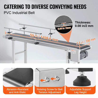 PVC Bandtransporteur – Transportband – Conveyor – Productband – Industriële Transportband – Roestvrij Stalen Frame – Instelbare Snelheid - 59 x 7.8 inch