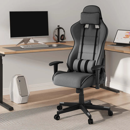 Gaming Stoel - Racing - Bureau - Ergonomische Mesh - Verstelbare - met Hoofdsteun - Nekkussen - Lendensteun - 135° Kantelfunctie - Ademend Textiel – Tot 150 kg - Zwart en Grijs