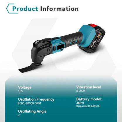 Oscillerende Multitool - Borstelloze - Multifunctionele Tool - Elektrische Zaag - Trimmer - Schop - Polijstmachine -Houtbewerking Tool - voor 18V-21V Batterij - Zonder Accu - 8500-24000PM - Blauw