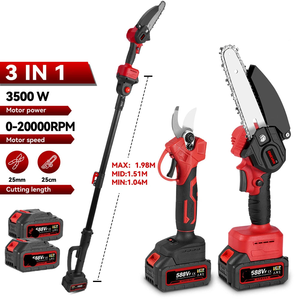 3-in-1 Snoeigereedschap - Accu Kettingzaag - Accu Snoeischaar - Telescopische Zaag -  Draadloze - 3500W - Lichtgewicht - Tuingereedschap - Zonder Accu - Rood - QUORE