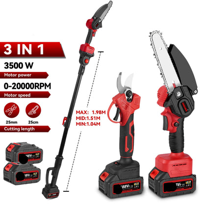 3-in-1 Snoeigereedschap - Accu Kettingzaag - Accu Snoeischaar - Telescopische Zaag -  Draadloze - 3500W - Lichtgewicht - Tuingereedschap - 2 Accu - Rood - QUORE
