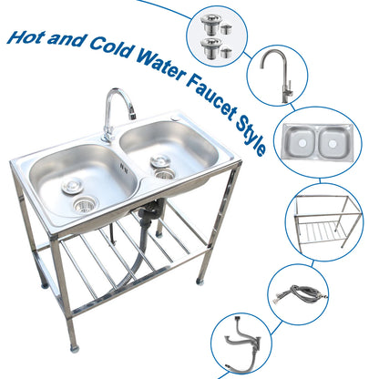Dubbele Waskom RVS – Dubbele Spoelbak – Vaatbak RVS – Keukenspoelbak – Vrijstaande Spoelbak – Roestvrij Staal – 75x40x83 cm – Mengkraan Warm & Koud