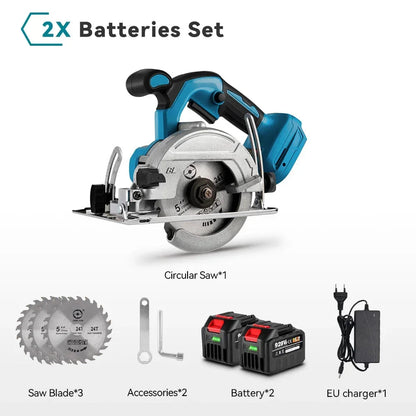 Accu Cirkelzaag - 125 mm Zaagblad - Handcirkelzaag - 0-45° Verstekzaag - Brushless Motor - Voor Hout - PVC - en Tegels - 10800RPM - 2 Accu's met 1 Lader