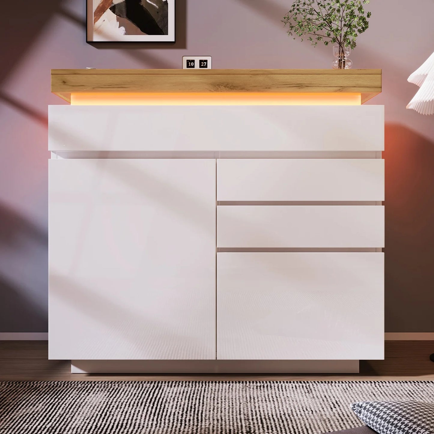 Ladekast – Ladenkast – Opbergkast – Kast – Kommode – Hoogglans – Verstelbare Legplanken – LED-Verlichting - QUORE
