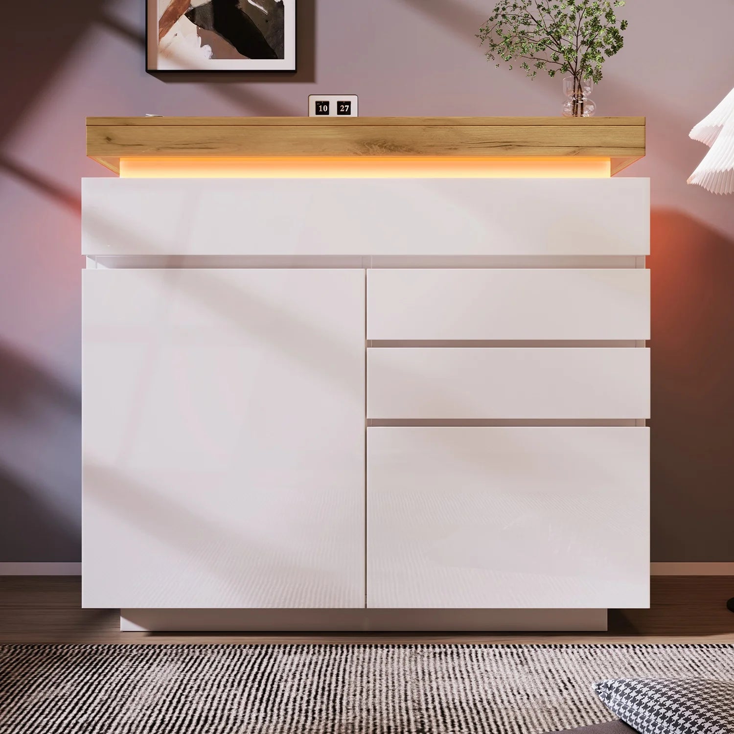Ladekast – Ladenkast – Opbergkast – Kast – Kommode – Hoogglans – Verstelbare Legplanken – LED-Verlichting - QUORE