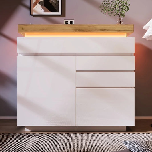 Ladekast – Ladenkast – Opbergkast – Kast – Kommode – Hoogglans – Verstelbare Legplanken – LED-Verlichting - QUORE