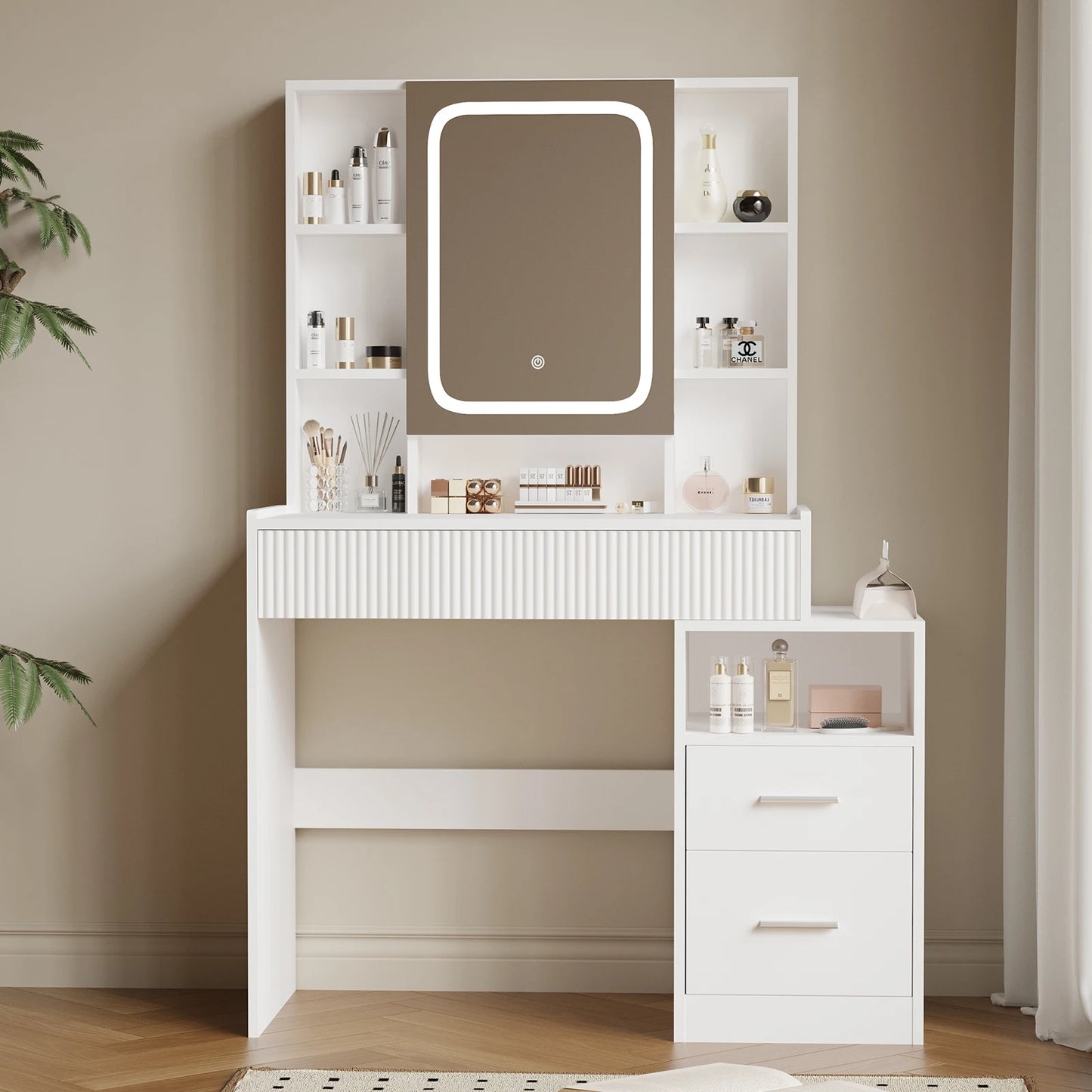 Kaptafel – Make-up Tafel – Dressoir – Make-up Meubel – Schminktafel – Wit – Met LED-Spiegel – 3 Laden & 8 Open Vakken – 96,5x40x141 cm