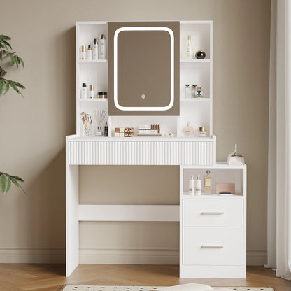 Kaptafel – Make-up Tafel – Dressoir – Make-up Meubel – Schminktafel – Wit – Met LED-Spiegel – 3 Laden & 8 Open Vakken – 96,5x40x141 cm