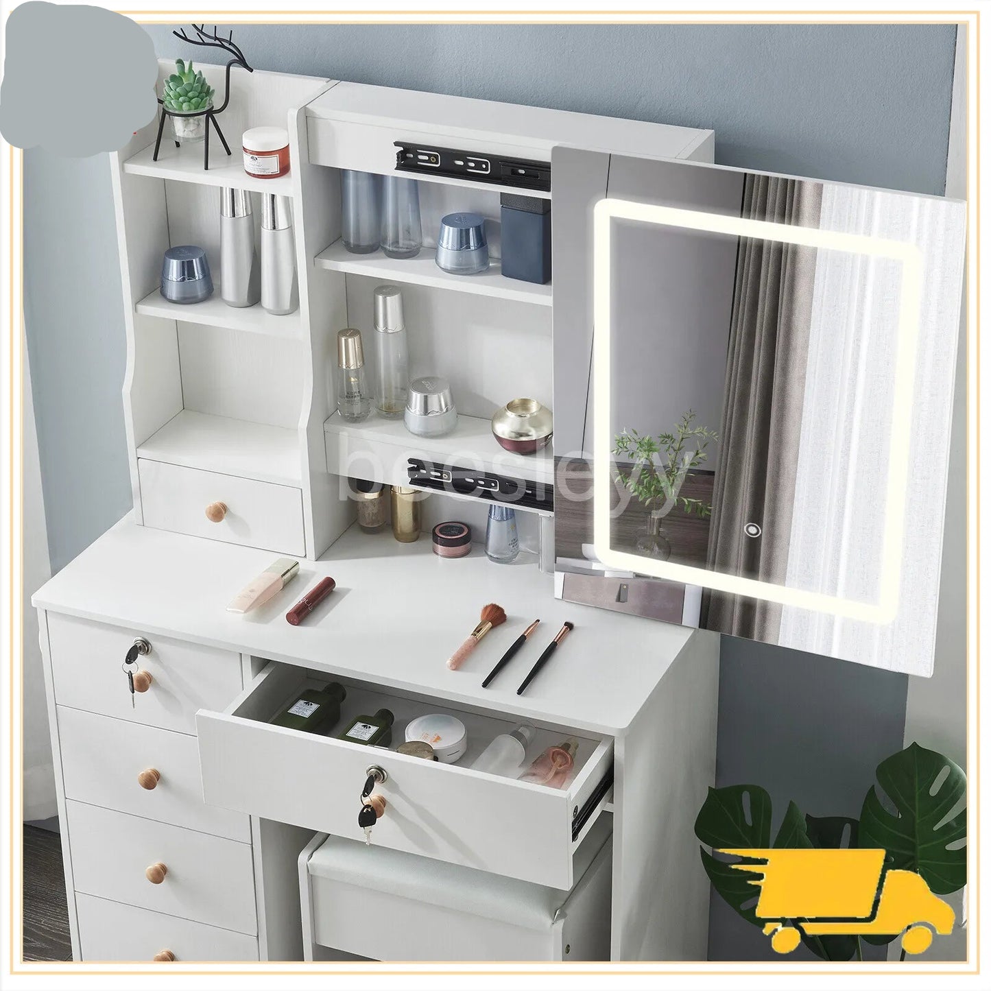 Kaptafel – Make-uptafel – Schminktisch – Vanity – Dressoir – Wit – Met Dimbare LED-Verlichting – Inclusief Comfortabele Kruk