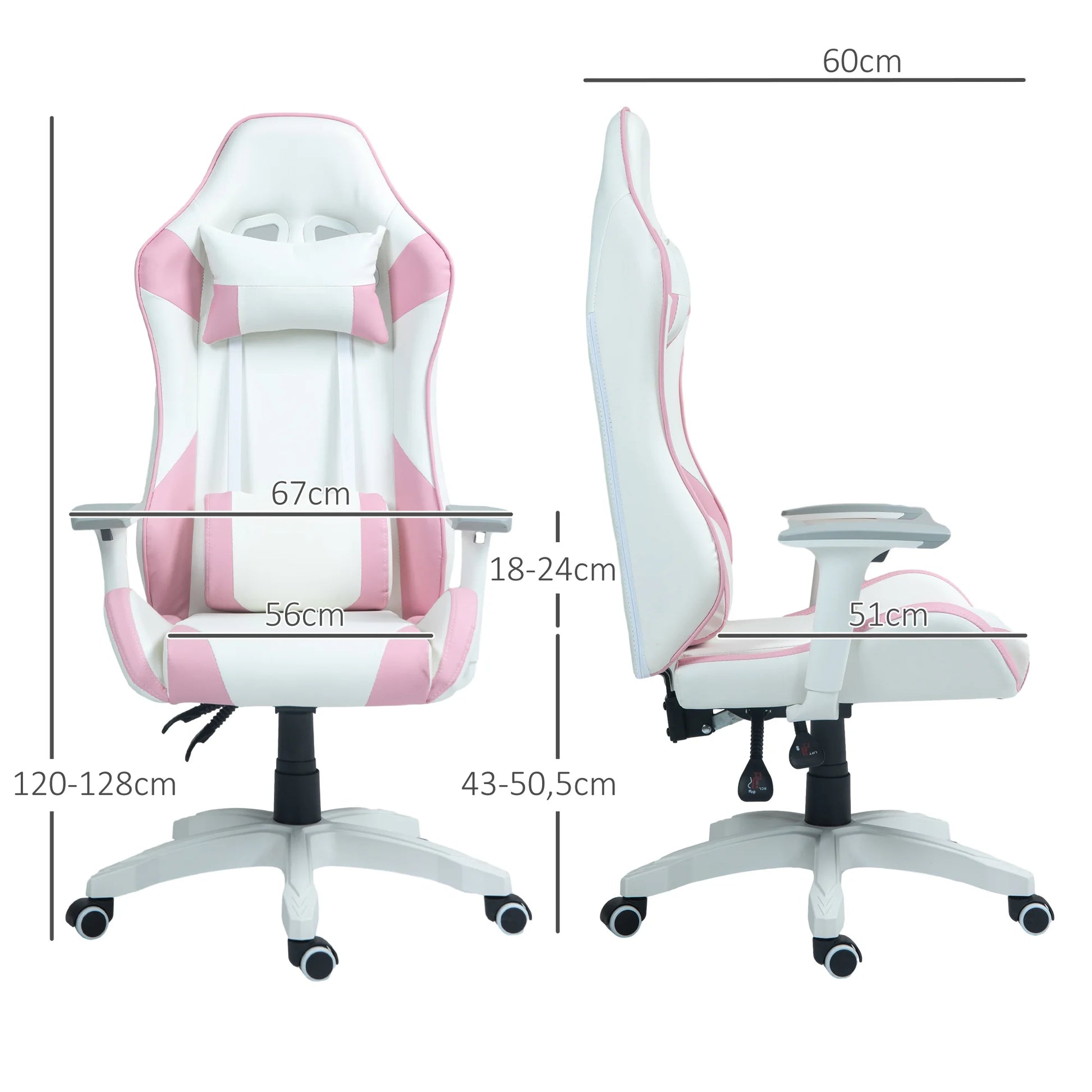 Gamingstoel – Bureaustoel – Computerstoel – Werkstoel – Ergonomisch Ontwerp – Verstelbare Armleuningen - 67 x 60 x 120-128 cm - Roze - QUORE