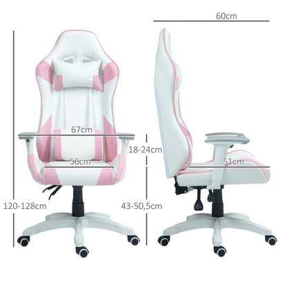 Gamingstoel – Bureaustoel – Computerstoel – Werkstoel – Ergonomisch Ontwerp – Verstelbare Armleuningen - 67 x 60 x 120-128 cm - Roze - QUORE
