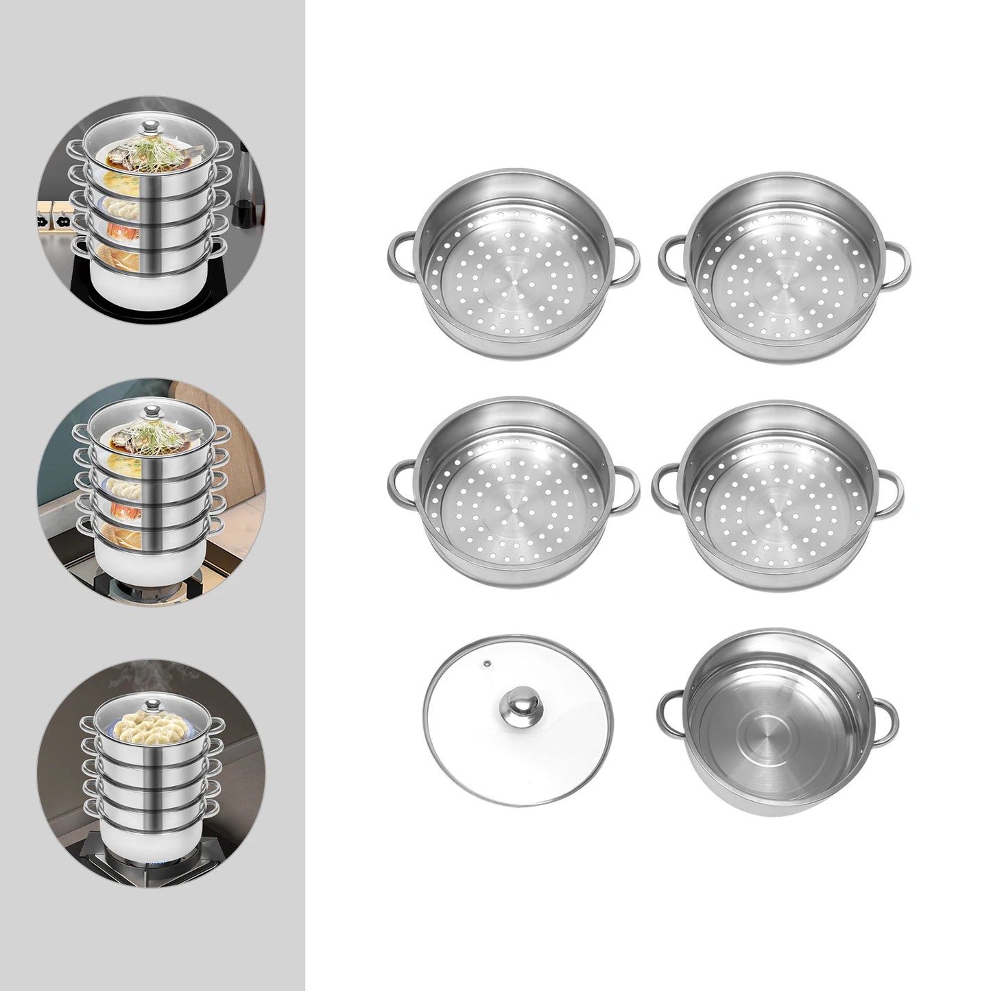 5 Laagse Stoomkoker van Roestvrijstaal – Stapelbare Stomer/Stoompan met Deksel – Diameter 26 cm – Geschikt voor Gezond Koken van Groenten - Vis - Rijst & Dim Sum