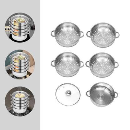 5 Laagse Stoomkoker van Roestvrijstaal – Stapelbare Stomer/Stoompan met Deksel – Diameter 26 cm – Geschikt voor Gezond Koken van Groenten - Vis - Rijst & Dim Sum