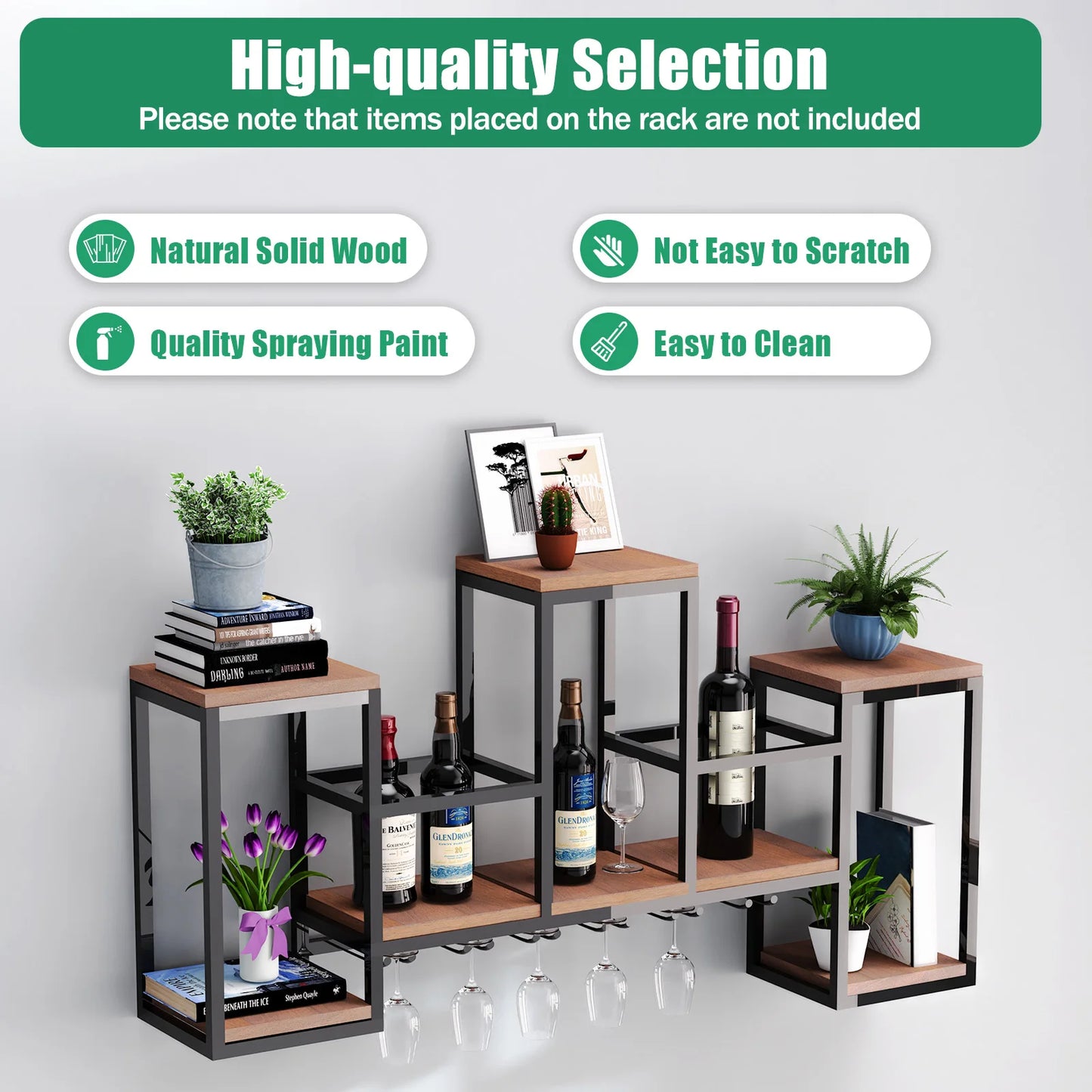Wine Rack Wall Mounted Shelf, Industrial Hanging Display Storage with Holder, Solid Wood Glass Ceiling for Bar Cafe, 106x20x55cm