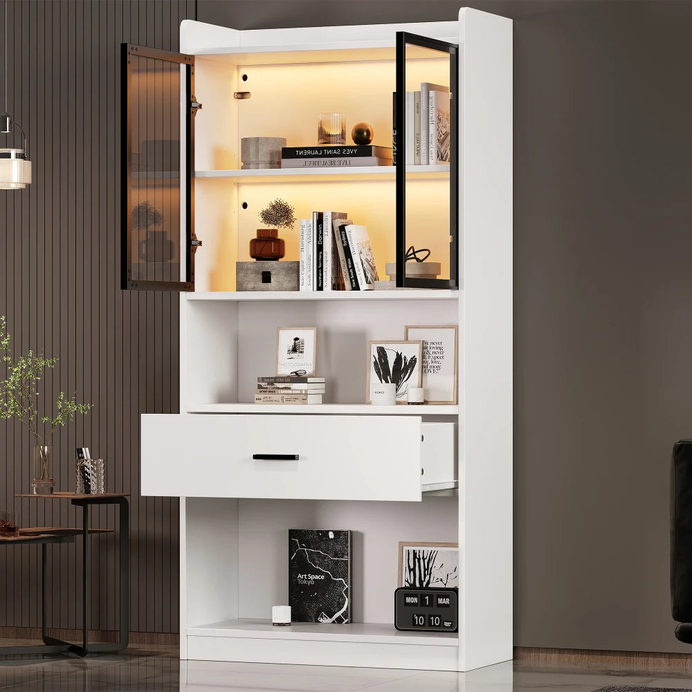 Vitrinekast – Vitrinekast Met Led – Glazen Kast – Boekenkast – Displaykast – Verstelbare Legplanken – Moderne Wit Met Afstandsbediening