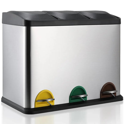 Prullenbak - Afvalbak - Trash Bin - Waste Bin - Prullenbakken  3-Vaks 24L – RVS Afvalscheiding voor Keuken – 3x8L – Soft-Close Deksel & Uitneembare Binnenemmers
