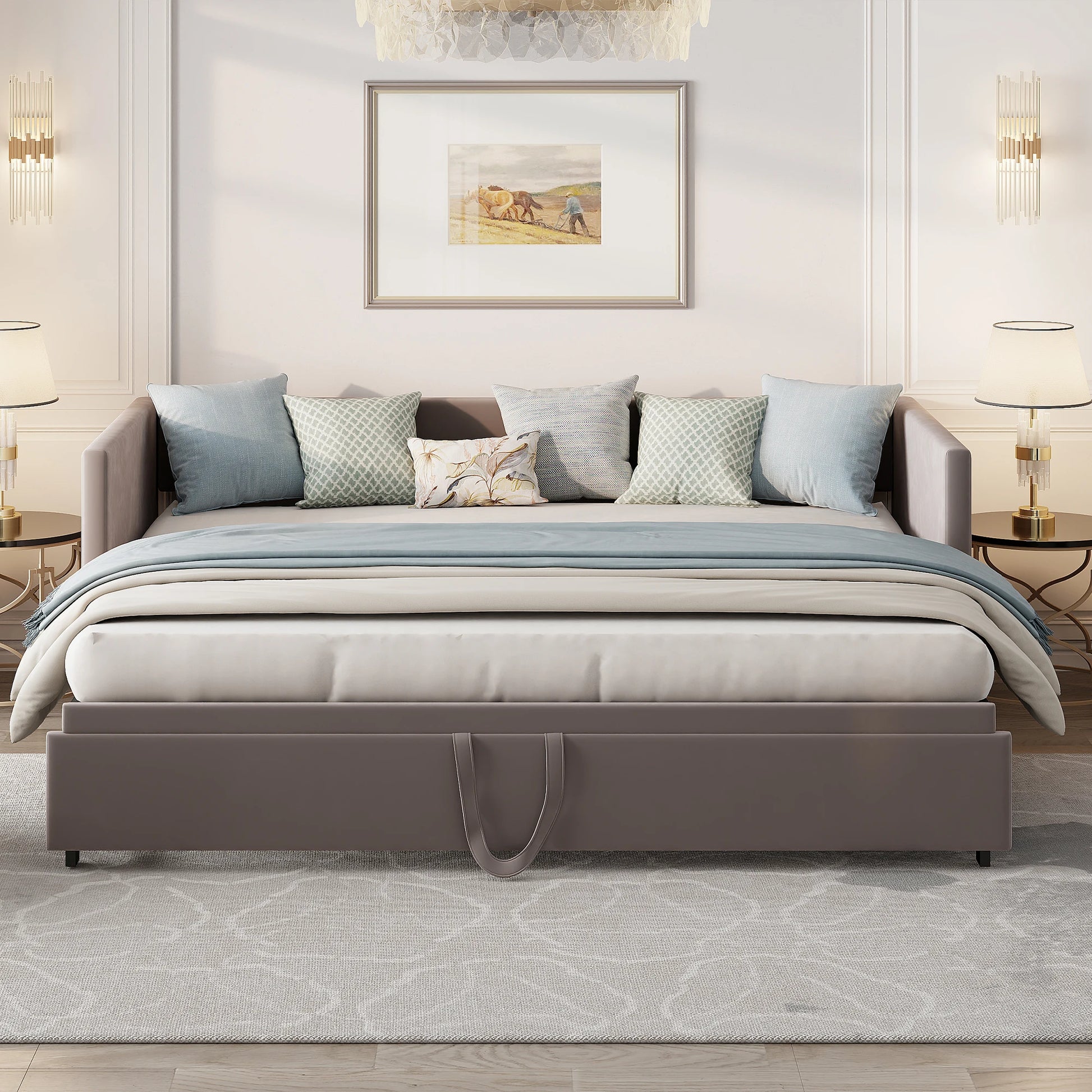 2-in-1 Gestoffeerd Bed – Uittrekbaar Bed – Sofa Bed – Logeerbed – Multifunctioneel Bed – Grijs – Velvet Bekleding – Stevige Lattenbodem Tot 270 kg - QUORE