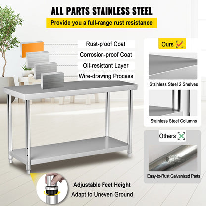 Roestvrijstalen Werktafel - Keukentafel - Keuken Werktafel - Keukeneiland - Werkbank - Verstelbare Onderniveau - 48x30x34inch - Industriële Werktafel RVS - Met Opbergruimte
