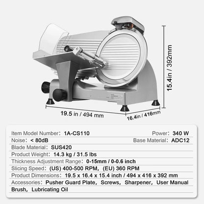 Vleessnijmachine - Vleessnijder - Snijmachine - Broodsnijmachine - Elektrische - 10 Inch Roestvrijstalen Mes - Allessnijder - Ingebouwde Slijpsteen – Instelbare Snijdikte 0-15 mm – Perfect voor Deli en Thuisgebruik