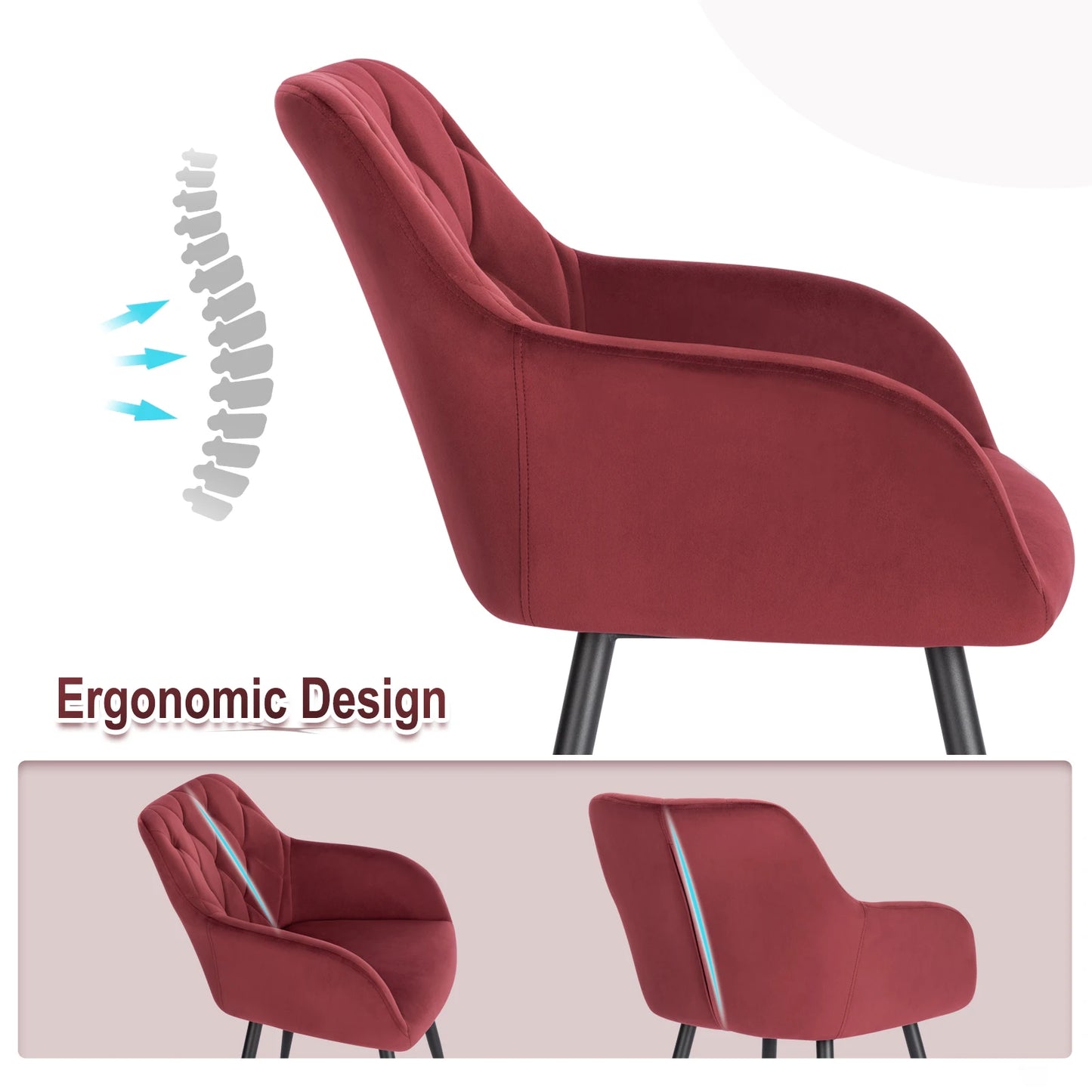 Eetkamerstoel – Bureaustoel – Stoel Met Armleuning – Scandinavische Stoel – Metalen Poten – Velvet Bekleding – Ergonomisch Design - Rode Wijn - QUORE