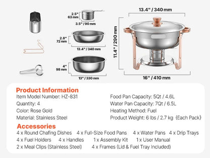 Chafing Dish - Warmhoudplaat - Buffetwarmer Set - Rechaud - RVS - Volformaat Buffet Warmhoudpannen - voor Feesten & Banketten - Set van 4 - Roségoud - QUORE