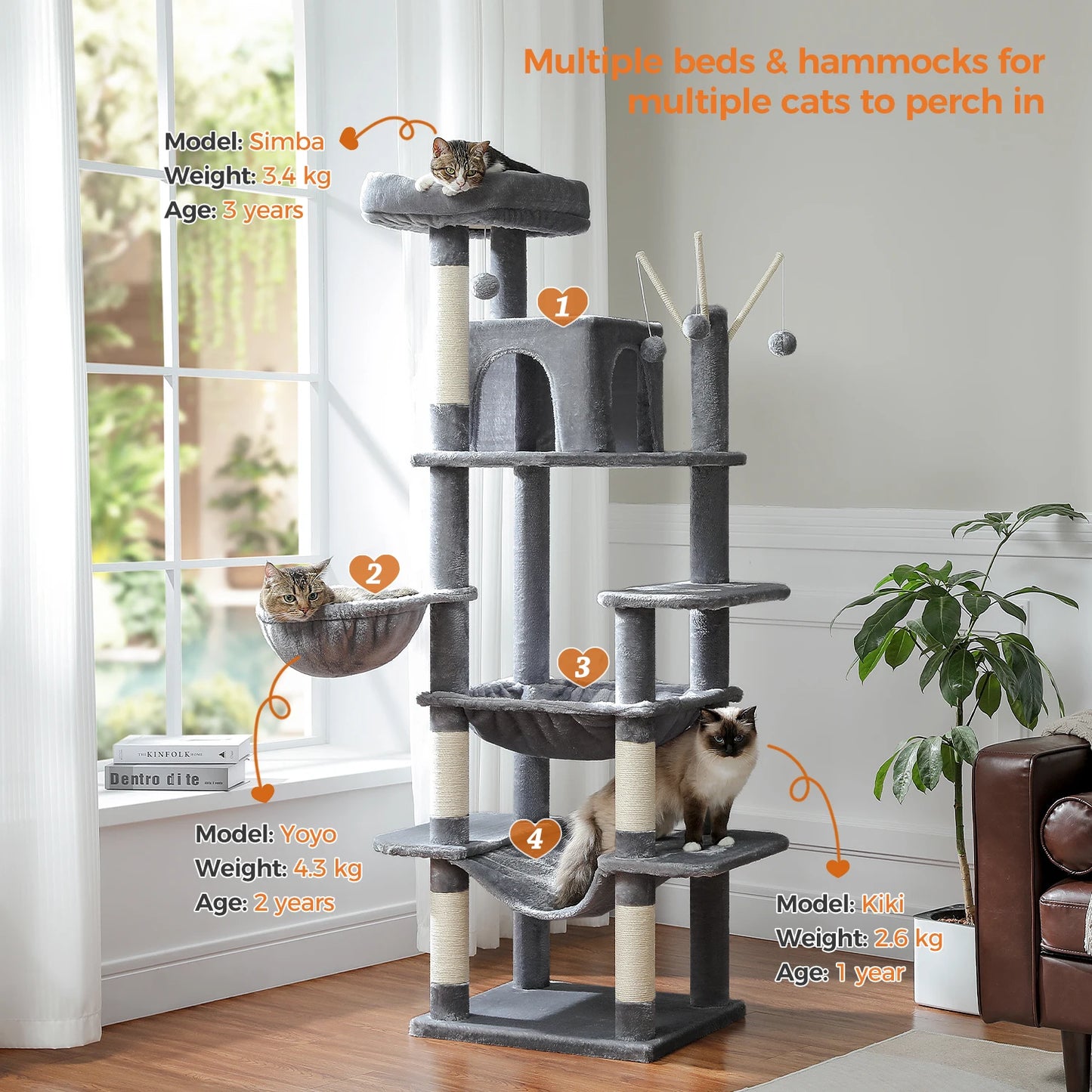 Kattenboom – Katten Klimmuur - Krabpaal - Kattenmeubel - met Hangmatten en Huisjes - 7-Laagse - 175cm - Sisal Krabpalen - Arbre a Chat - Donkergrijs