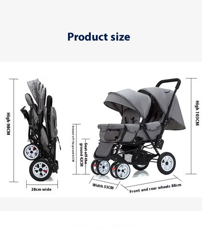 Duo Kinderwagen - Duo Buggy - Dubbele Buggy - Opvouwbare -  Verstelbare Rugleuning - Regenhoes - 72 × 42 × 97 cm - Grijs - QUORE