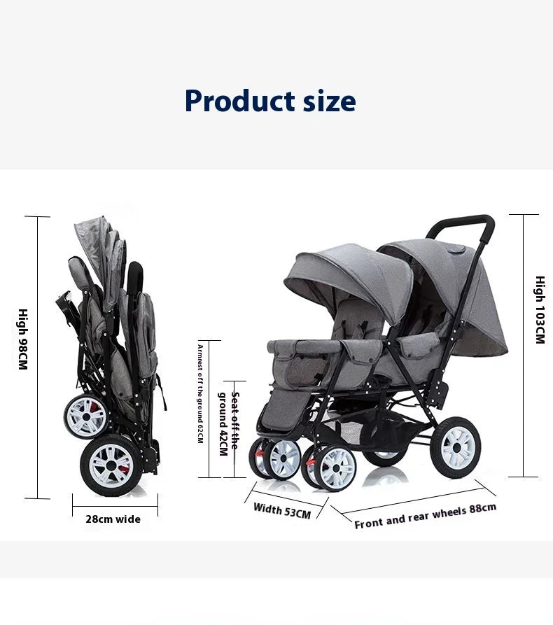 Duo Kinderwagen - Duo Buggy - Dubbele Buggy - Opvouwbare -  Verstelbare Rugleuning - Regenhoes - 72 × 42 × 97 cm - Blauw - QUORE