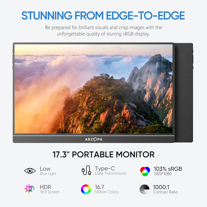 Draagbare Monitor – Extern Scherm – Mobiel Beeldscherm – Laptop Uitbreiding – 17,3 Inch Full HD – IPS Scherm – USB-C & Mini HDMI Aansluiting
