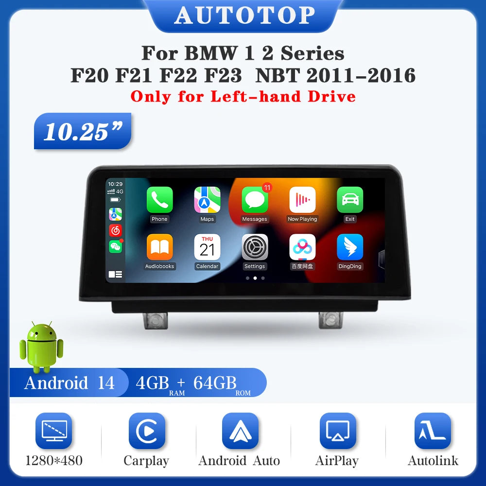 AUTOTOP 10.25" Android 13 Car Radio for BMW 1/2 Series F20 F21 F22 NBT Wireless Carplay Android Auto GPS Navi Multimedia Player - QUORE