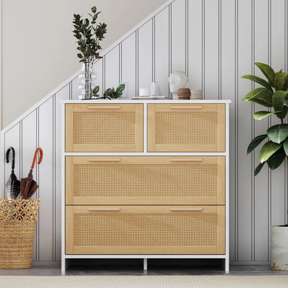 Kast – Opbergkast – Ladekast – Rietenkast – 4 Laden – Natuurlijk Materiaal – Kantelbeveiliging - 80 x 80 x 38 cm - Lichte Koffie