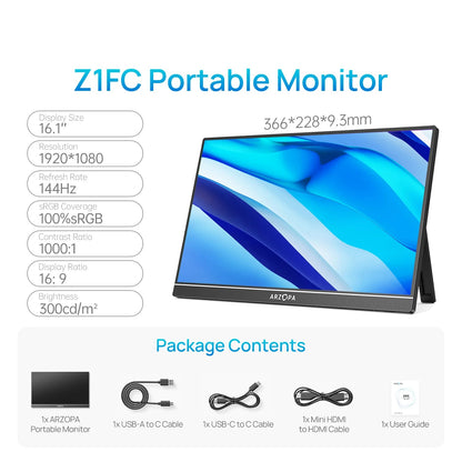 Draagbare Monitor – Extern Scherm – Gaming Monitor – Tweede Scherm – IPS Display – 16,1 Inch – 144Hz Verversingssnelheid – 100% sRGB Kleurweergave - QUORE