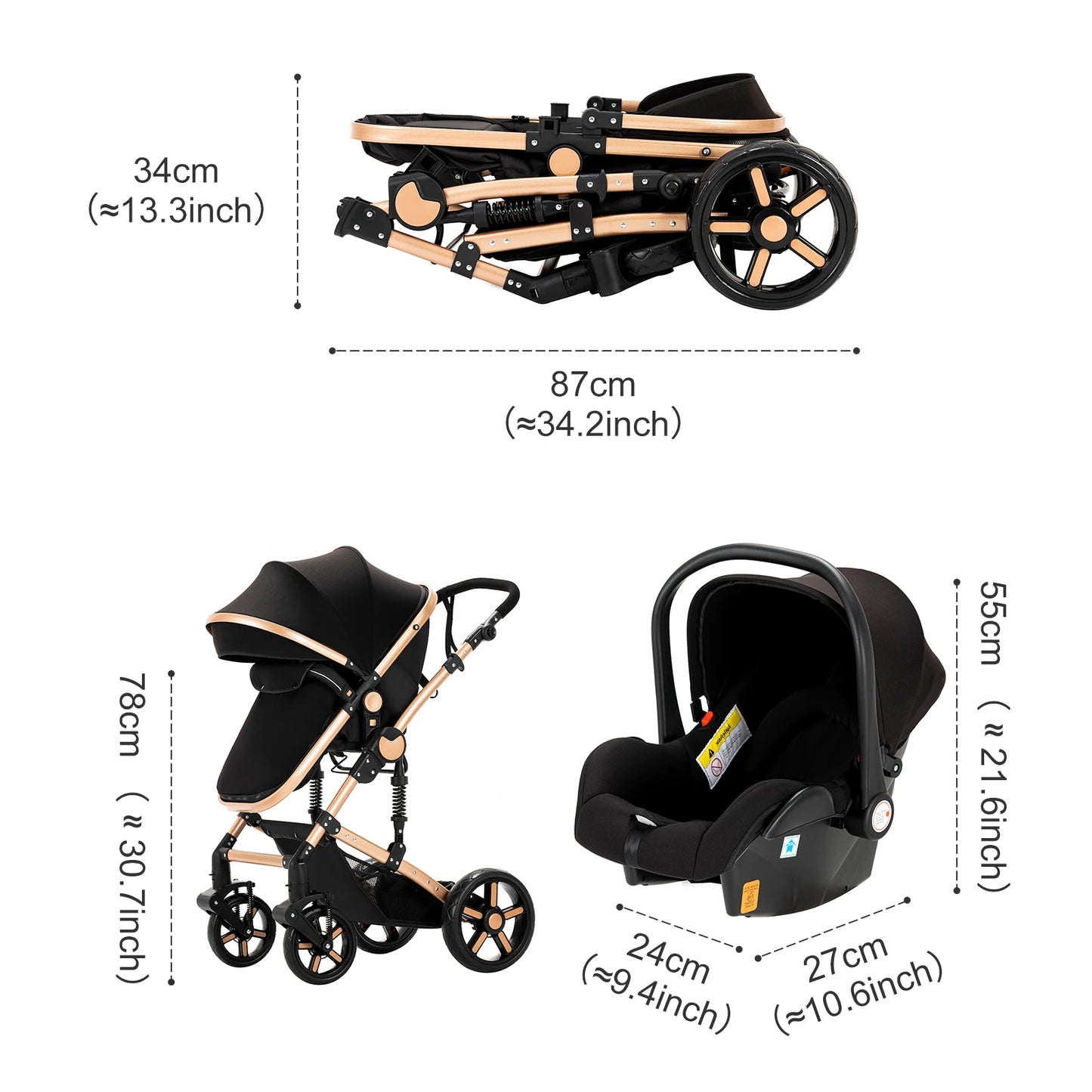3-in-1 Kinderwagen – Babywagen – Wandelwagen – Autostoeltje – Wieg – Lichtgewicht & Opvouwbaar – Duurzaam Linnen – Ivoor