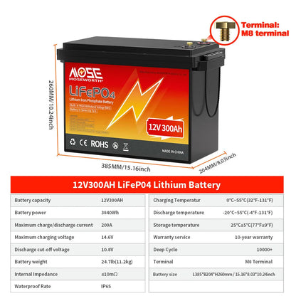 12V 300Ah LiFePO4 Accu – Lithium Accu – Camper Accu – Boot Accu – Solar Accu – Compact & Lichtgewicht – 7000 Cyclus Levensduur