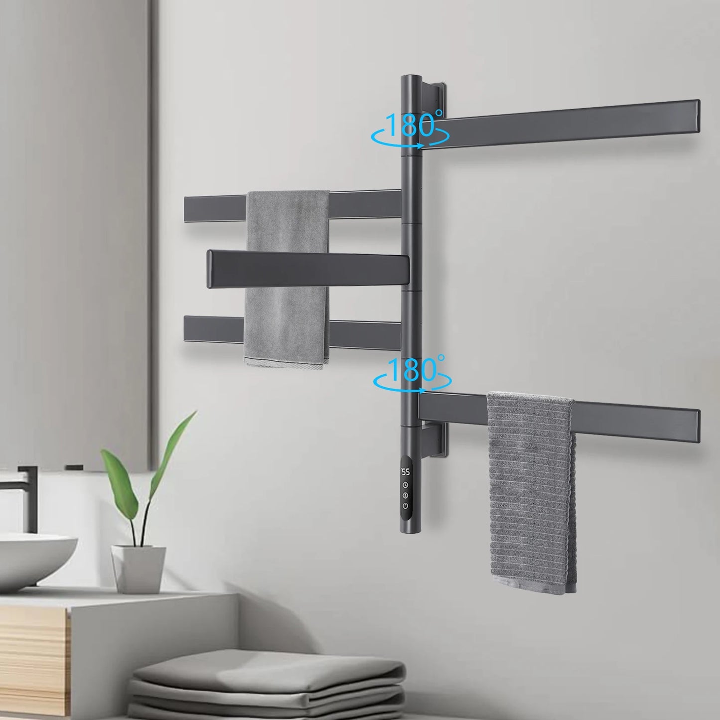 Elektrische Handdoekradiator – Handdoekdroger – Elektrische Radiator – Wandradiator – Towel Warmer – Grijs – 5 Draaibare Stangen – LED Touchscreen Met Timer