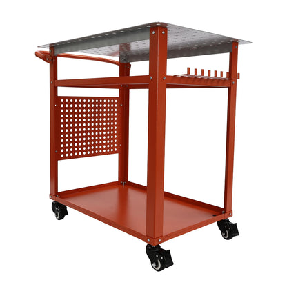 Industriële Stalen Werktafel – Werkbank – Montagebank – Werkbank Met Wielen – Mobiele Werktafel Rood – Draagvermogen 272 kg – Dubbele Werkplanken Met 9 Haken En Zijbord - QUORE
