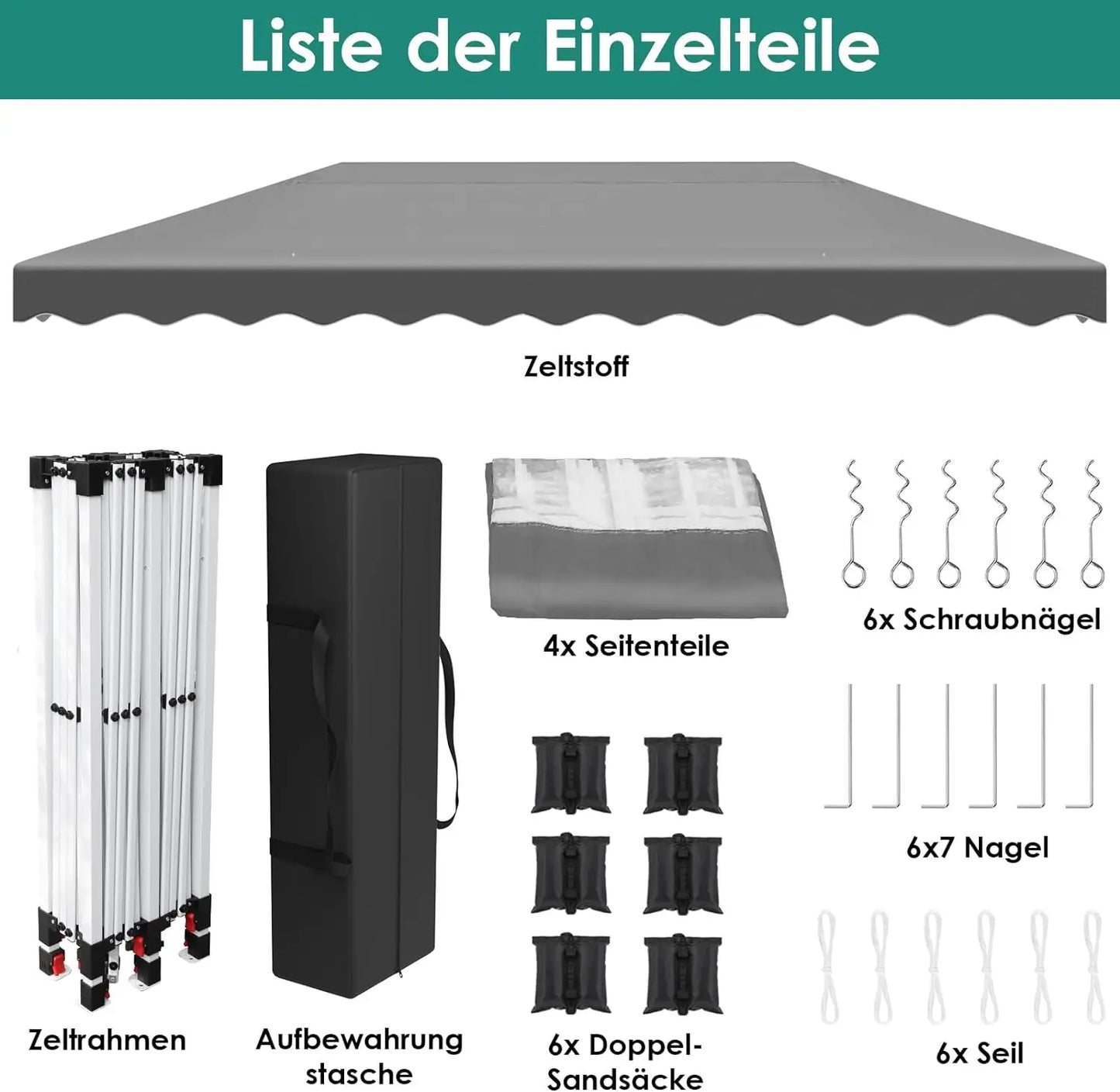 Partytent – Pop-Up Tuinfeesttent – Tuinoverkapping – Schaduwtent – Markttent – Waterdicht 420D Oxford – Verstelbare Hoogte - 3x6m - Grijs