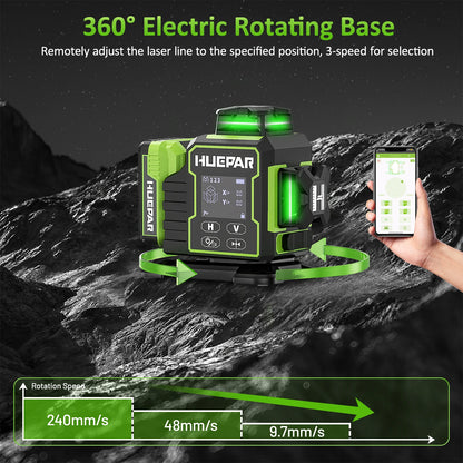 Huepar W03CG Laser Level 3x360 Self Leveling, 3D 12 Lines Bluetoothed Laser Level with Electric Rotating Base ＆ Large LCD Screen