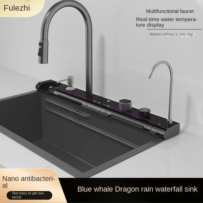 Spoelbak – Keukenspoelbak – Enkele Spoelbak – RVS Spoelbak – Spoelbak Met Kraan – 75x46 cm – 304 Roestvrij Staal – Digitale Watervalkraan Met Zeeppomp - QUORE