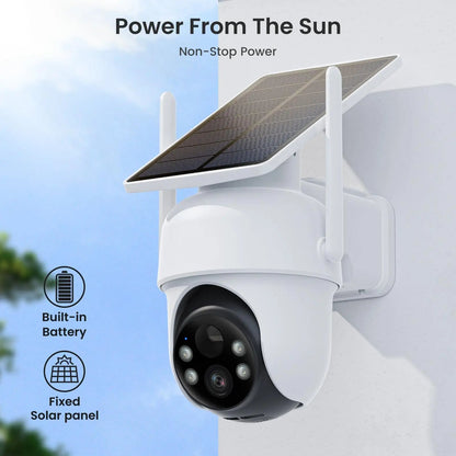 Beveiligingscamera - 2MP - Camerabewaking - Draadloos - voor Buiten - 2 Stuks - met Zonnepaneel - 360° PTZ - Nachtzicht - Humanoïde detectie - Tweerichtingsaudio - NVR Recorder - Wit