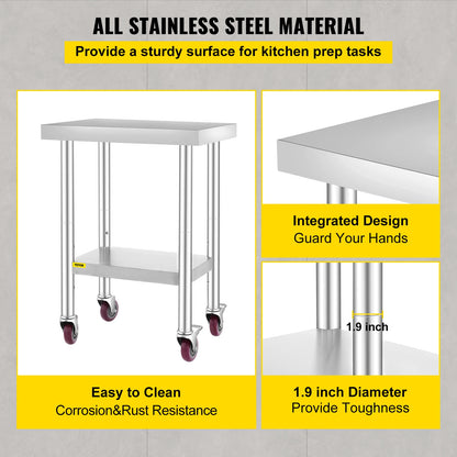 Coffee Table - Table - Coffe table - Living Room Table - Stainless Steel Catering Work Table - 24x18 Inch - Kitchen Table - with 4 Wheels - Food Preparation Workbench - for Kitchen Prep Table