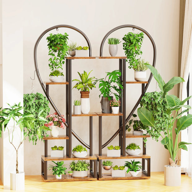 Plantenrek - Plantenrekken - Plantentrap - 6 Tier - Half Hart Vorm - Set van 2 - Industriële Plantenstandaard - Binnen & Buiten - Ruimtebesparend Bloemenrek - Stevig & Duurzaam - 112x28x165cm - Metaal - Zwart en Bruin