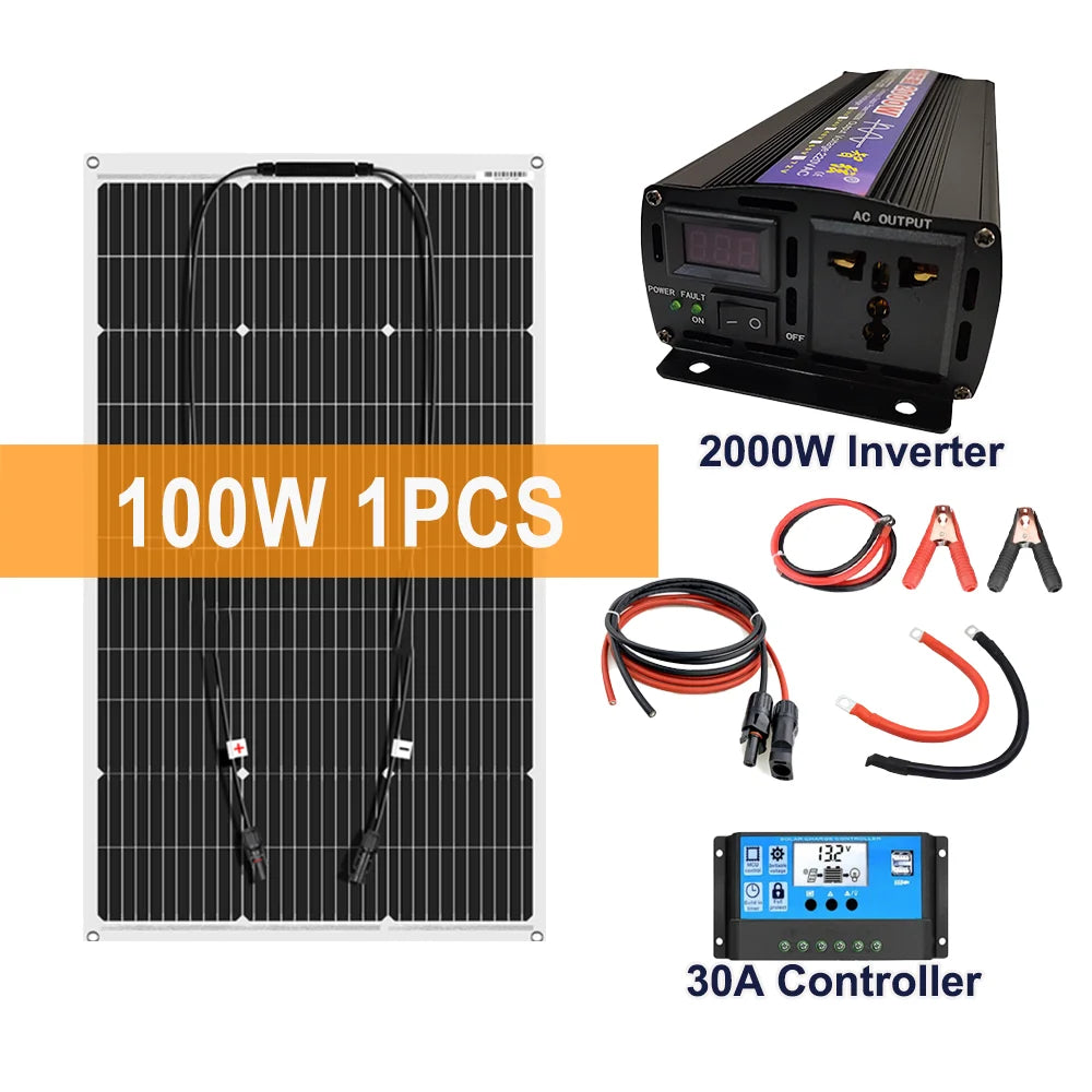 Zonnepanelen - Monokristallijne Zonnepaneel Kit - Flexibel - Zonne Energie - 100W - met Omvormer - Waterdichte - voor Camping, RV & Thuisgebruik, 12V Opladen met Batterij - QUORE