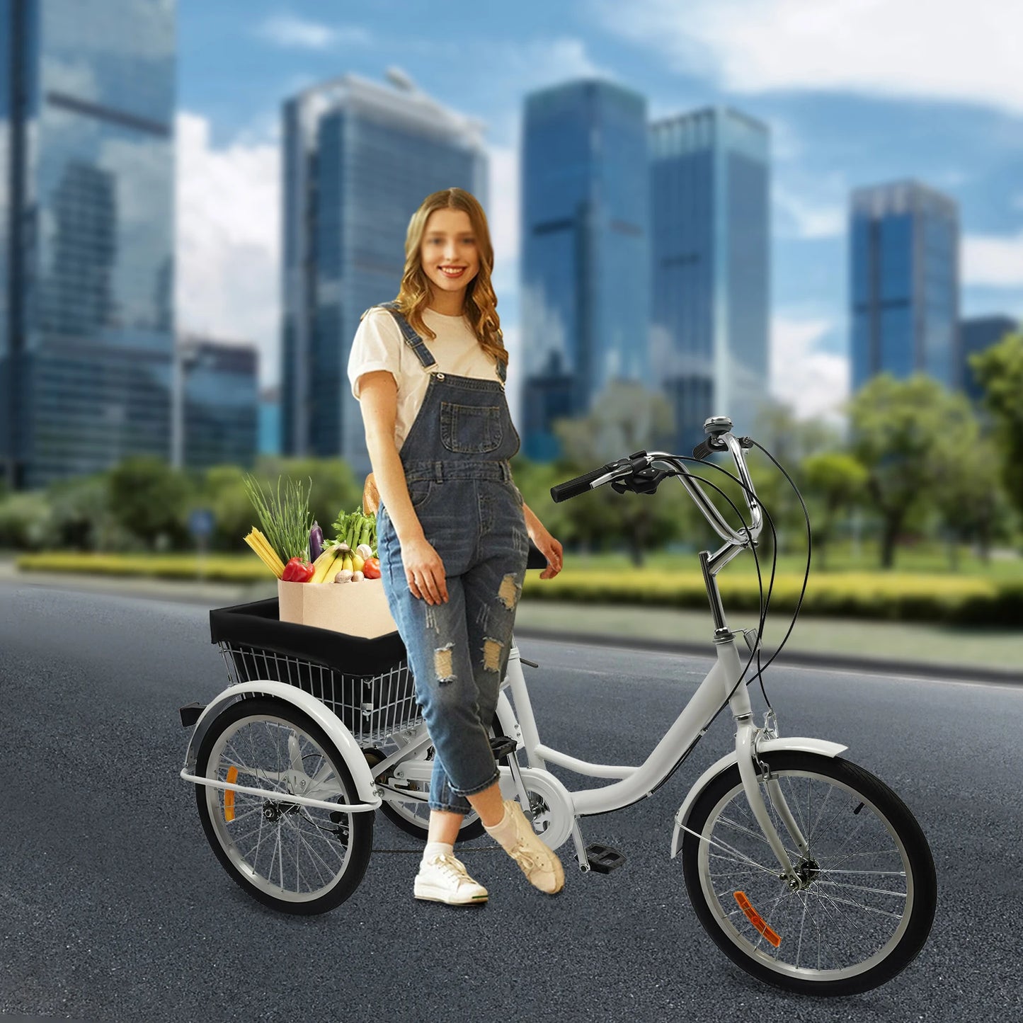 20" 8-Speed Adult Tricycle Adjustable 3-Wheel Bicycle Road Trike Bike Load 110kg with Basket+Bell+Mudguards 160*64cm Black/White