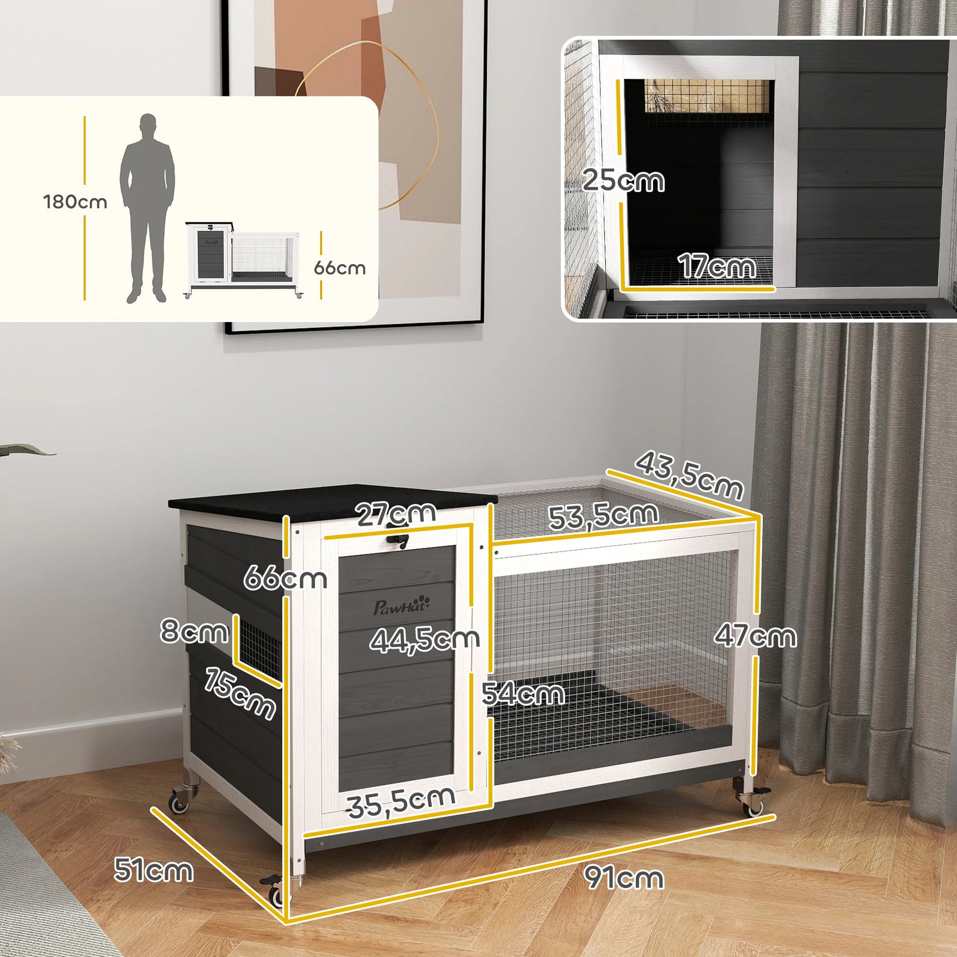 Houten Dierenren – Buitenren – Konijnenhok – Kleine Dierenhok – Waterbestendig Dak – Uitneembare Lade - 91 x 51 x 66 cm - Wit & Donkergrijs - QUORE