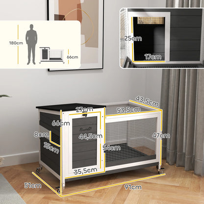 Houten Dierenren – Buitenren – Konijnenhok – Kleine Dierenhok – Waterbestendig Dak – Uitneembare Lade - 91 x 51 x 66 cm - Wit & Donkergrijs - QUORE