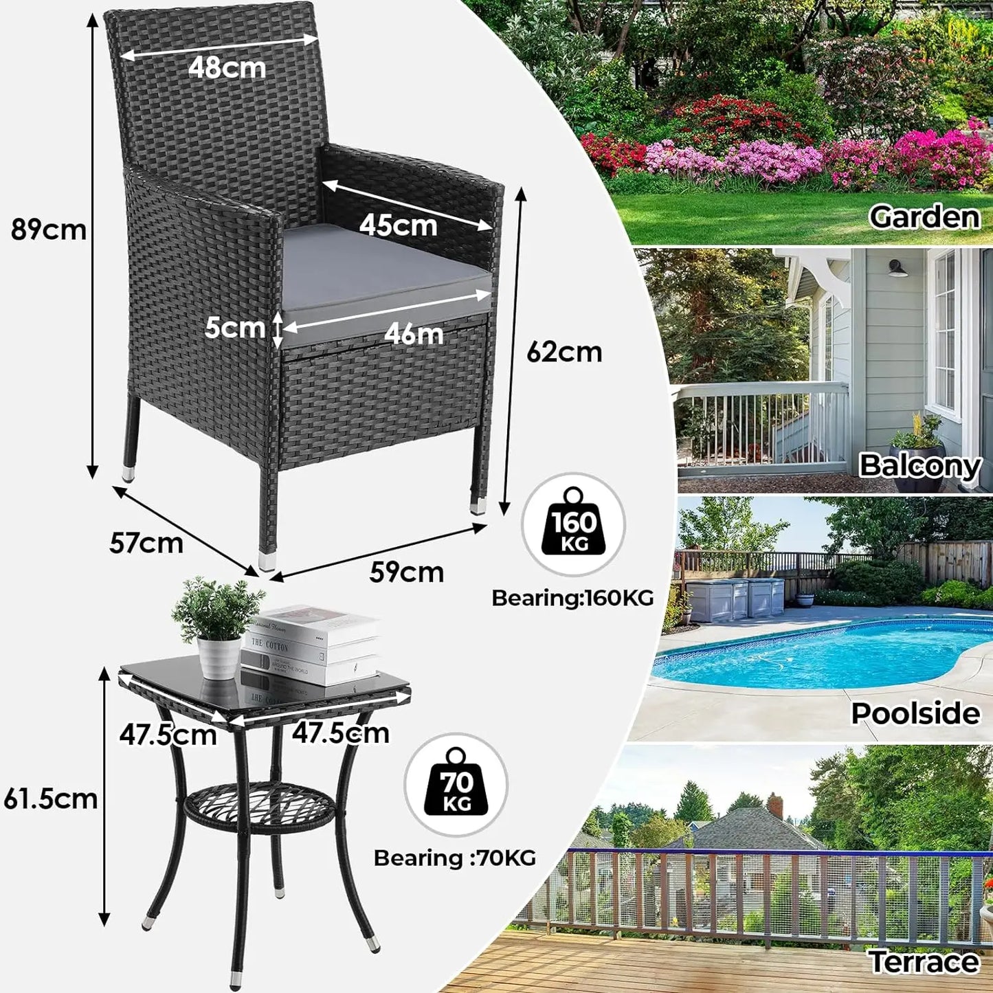 Loungeset – Tuinmeubilair – Balkonset – Loungeset 3-Delig – PE-Rattan – Weerbestendig – Met Glazen Tafel - QUORE