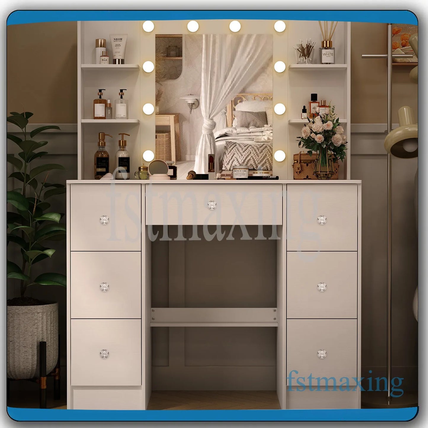 Makeuptafel – Kaptafel – Cosmeticatafel – Vanity Tafel – Schminktafel – Wit – 7 Laden & 6 Open Vakken – LED Spiegel met 3 Lichtkleuren